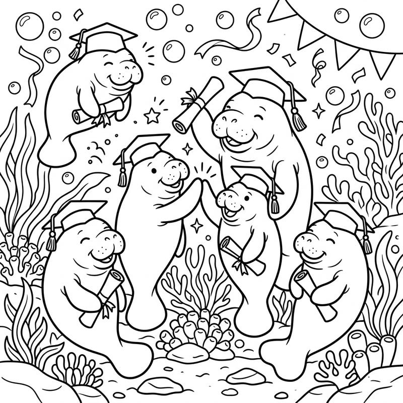 This heartwarming coloring page features a lively group of manatees celebrating their graduation day underwater, complete with caps, diplomas, and high-fives. It's a delightful way to mark academic milestones with an adorable marine twist, perfect for all ages.
