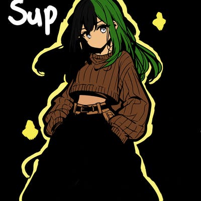 anime teen girl with baggy pants and crop top with sweater