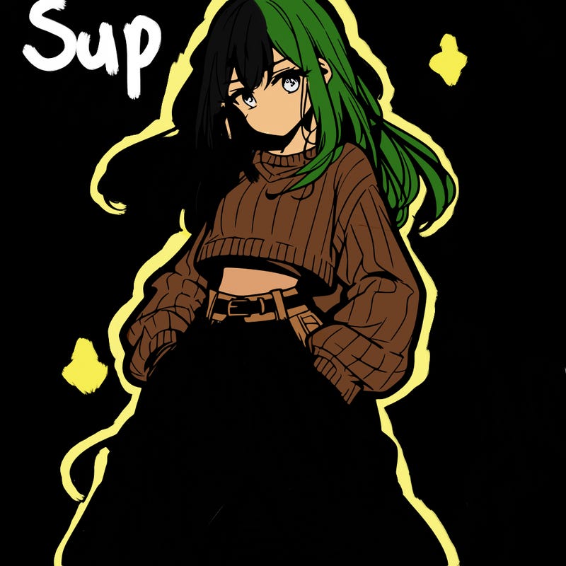 anime teen girl with baggy pants and crop top with sweater