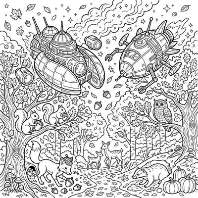 Embark on an imaginative journey with this enchanting coloring page featuring advanced exploration vessels amidst a vibrant autumn landscape. Discover playful forest animals and falling leaves, ready for your creative touch.