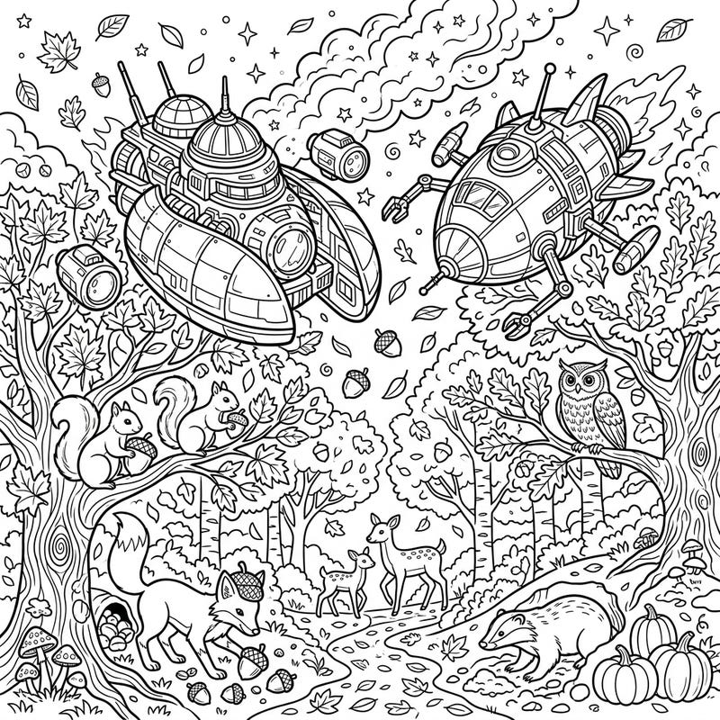 Embark on an imaginative journey with this enchanting coloring page featuring advanced exploration vessels amidst a vibrant autumn landscape. Discover playful forest animals and falling leaves, ready for your creative touch.