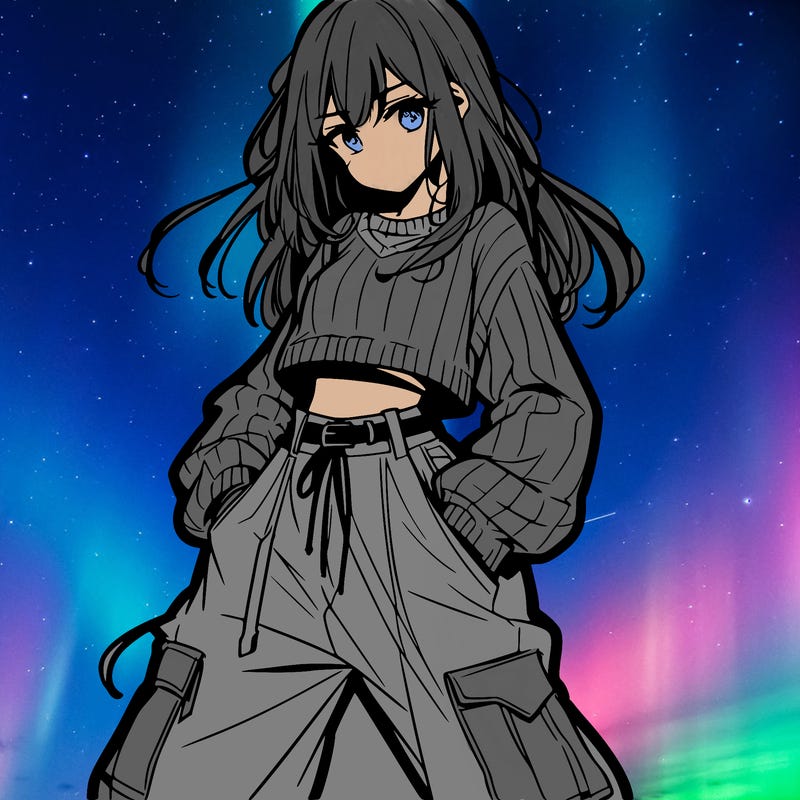 anime teen girl with baggy pants and crop top with sweater