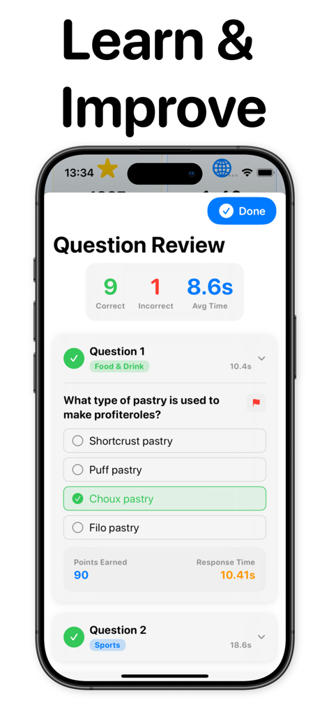 Qwiz: Daily Quiz, Trivia Game - A mobile screen showing a trivia question review with performance statistics and correct answers in the Qwiz app