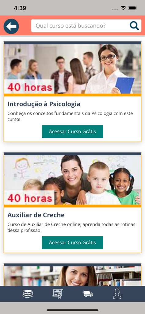 Interface do aplicativo Prime Cursos mostrando uma lista de cursos online gratuitos e uma barra de pesquisa