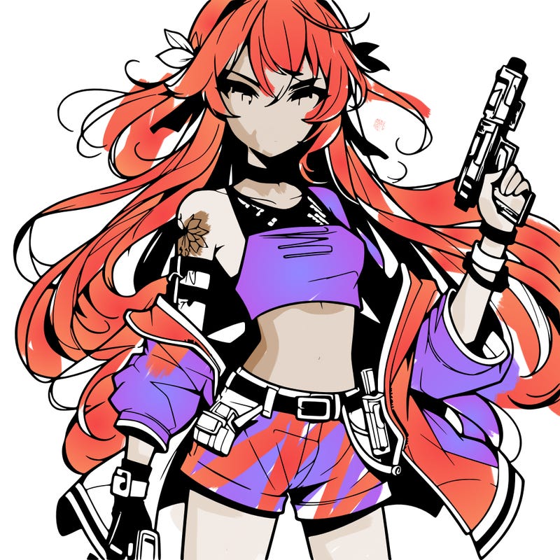 bad girl wearing crop top holding a gun long hair anime