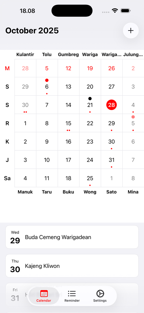 Monthly view of the Kalender Bali app showing Balinese Hindu holy days and ritual schedules
