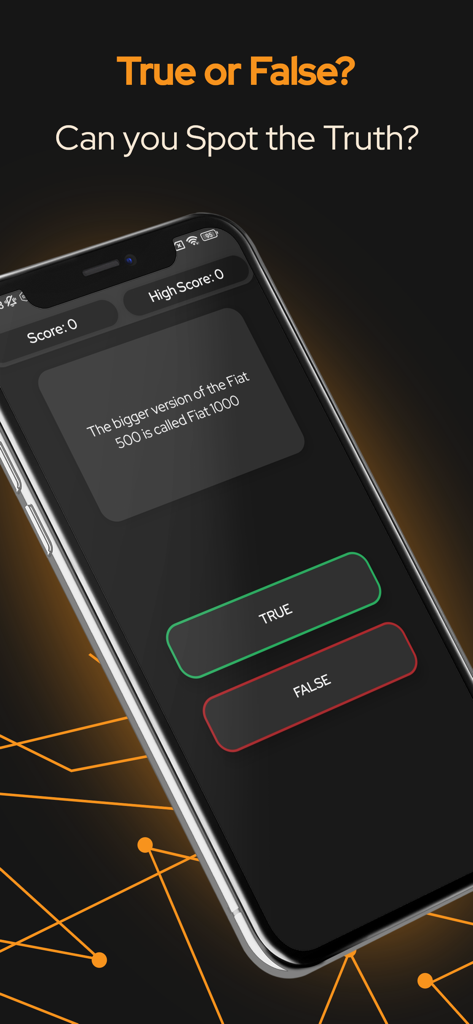 Interface do aplicativo móvel Car Quiz Plus mostrando uma pergunta de trivia automotiva verdadeiro ou falso