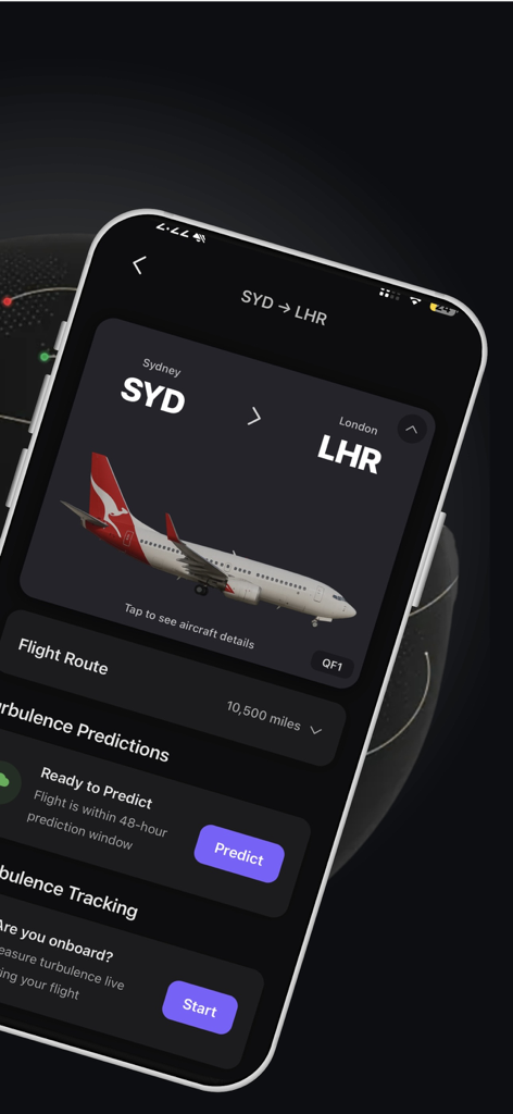 MyPilot: Turbulence Forecast - Pantalla de la aplicación MyPilot que muestra la ruta de vuelo de Sídney a Londres con predicción y seguimiento de turbulencias