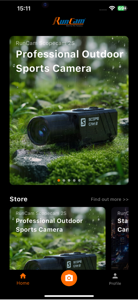 RunCam App - RunCam app home screen showcasing the Scopecam 2S professional outdoor sports camera