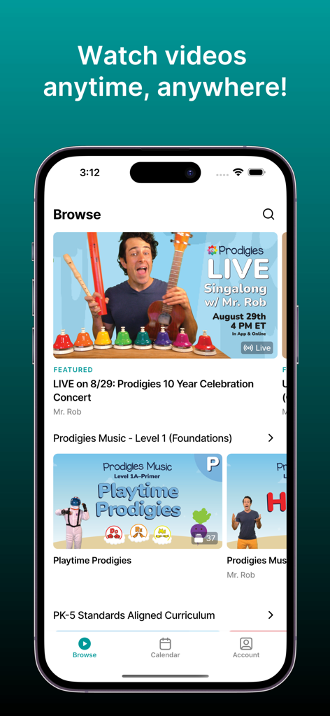 The Prodigies app browse screen featuring a library of educational music videos and curricula for children