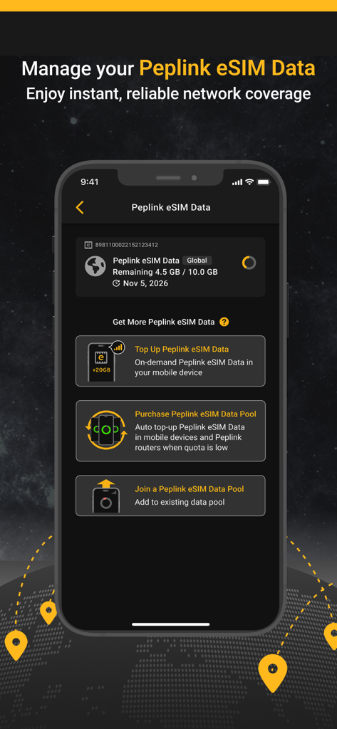 SpeedFusion Connect - Tela do aplicativo SpeedFusion Connect exibindo o saldo de dados eSIM da Peplink e opções de recarga