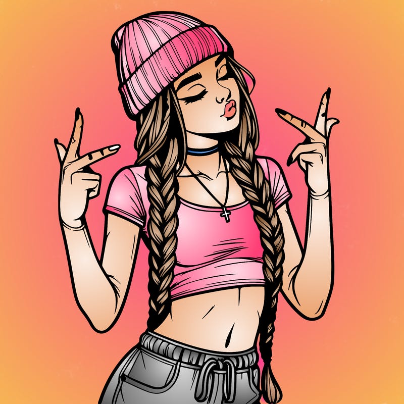 realistic teenage girl with braids and a beanie and crop top doing 🫶🏼