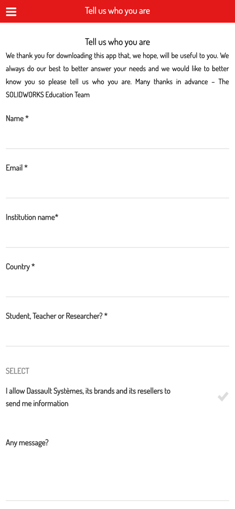 SOLIDWORKS Educationアプリのユーザー登録画面、名前、メール、所属機関の情報を要求しています