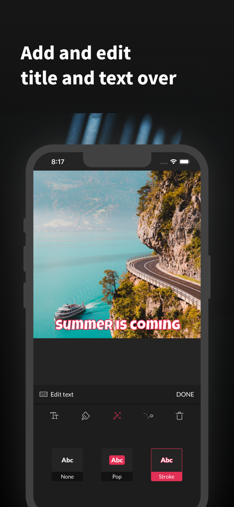Slideshow Maker & Music Video - Oberfläche der PicMusic App, die zeigt, wie Text-Overlays auf einer Video-Diashow hinzugefügt und angepasst werden können.