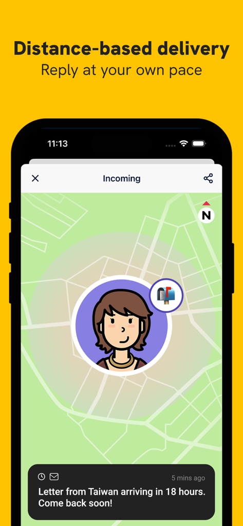 Interface de l'application Slowly montrant un compte à rebours pour l'arrivée d'une lettre de Taiwan sur fond de carte.