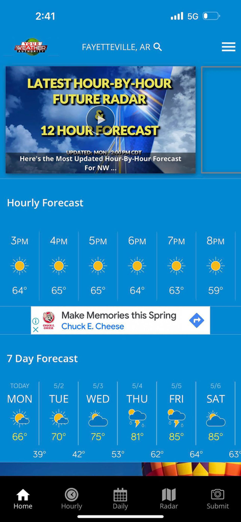 NWA - Your Weather Authority - Interface of the NWA Weather Authority app displaying hourly and 7-day forecasts for Fayetteville Arkansas