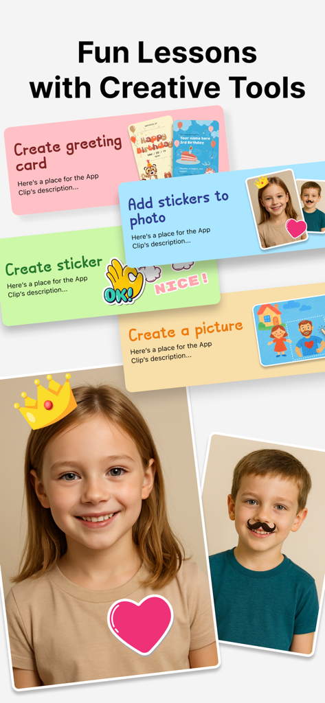 AR Drawing - Trace Anything - A mobile app screen titled Fun Lessons with Creative Tools showing options to create cards, stickers, and pictures with images of children using AR effects.