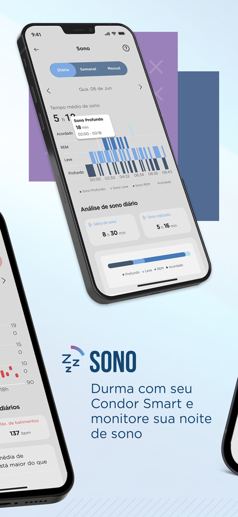 Condor Smart - Panel de seguimiento del sueño de la aplicación Condor Smart que muestra la duración del sueño y el análisis de las fases