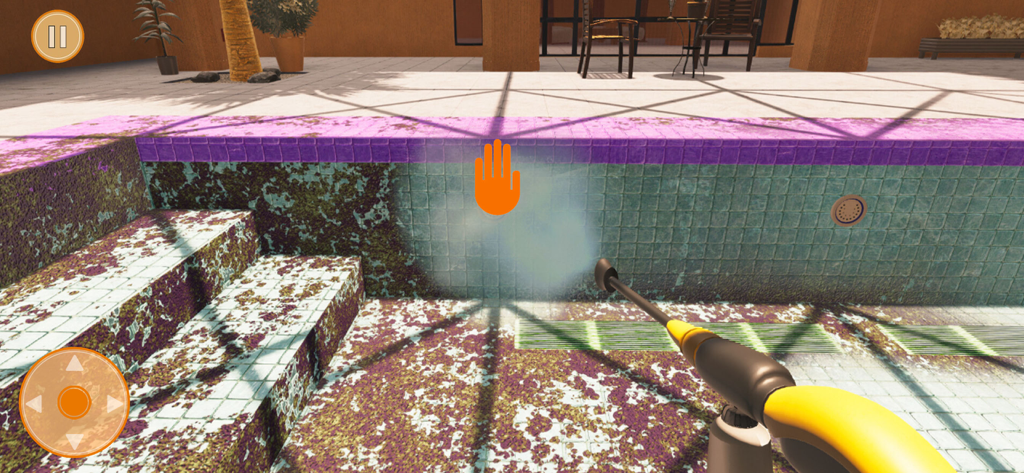 Vista en primera persona de lavado a presión de la pared de una piscina sucia en un juego de simulación