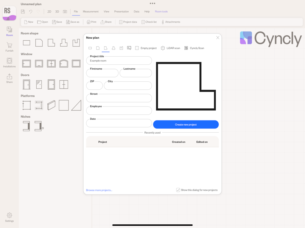 Room Survey - Room Survey app interface for creating a new project with room shape selection and customer data fields
