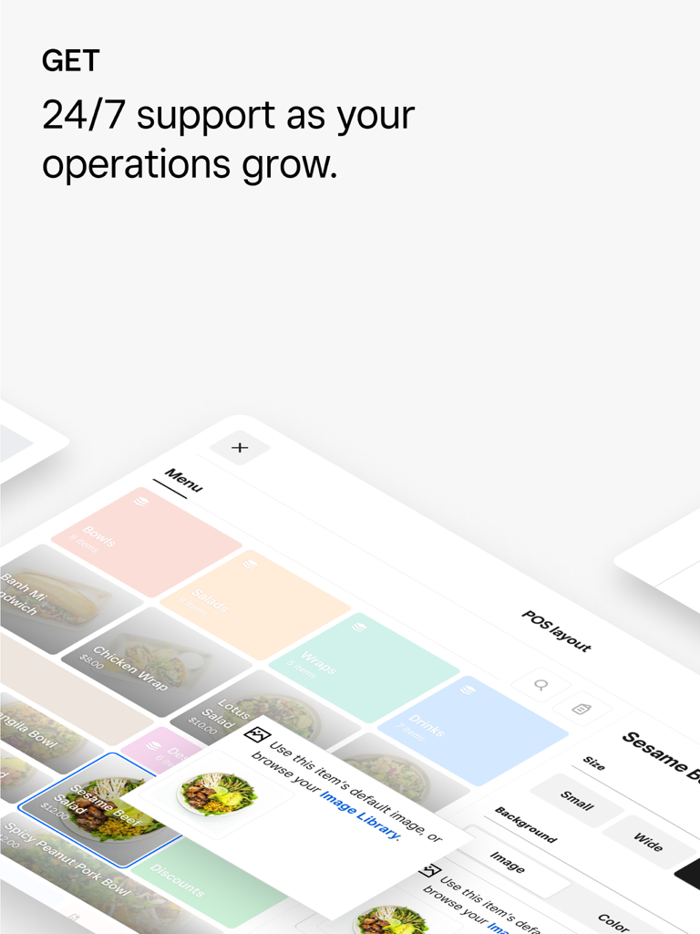 Square - Restaurants POS - Interface do PDV Square para Restaurantes mostrando gerenciamento de categoria de cardápio e manchete de suporte ao cliente 24 horas por dia, 7 dias por semana.