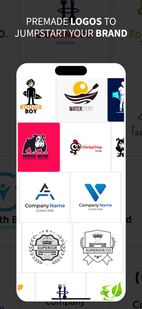 Une collection de modèles de création de logos préconçus pour diverses industries présentés sur un appareil mobile