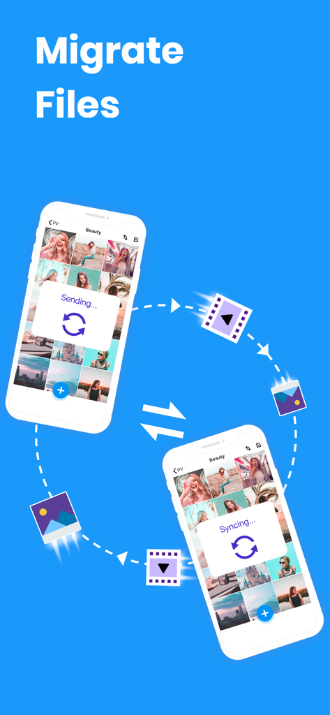 Two iPhones wirelessly syncing and transferring private photos and videos between devices