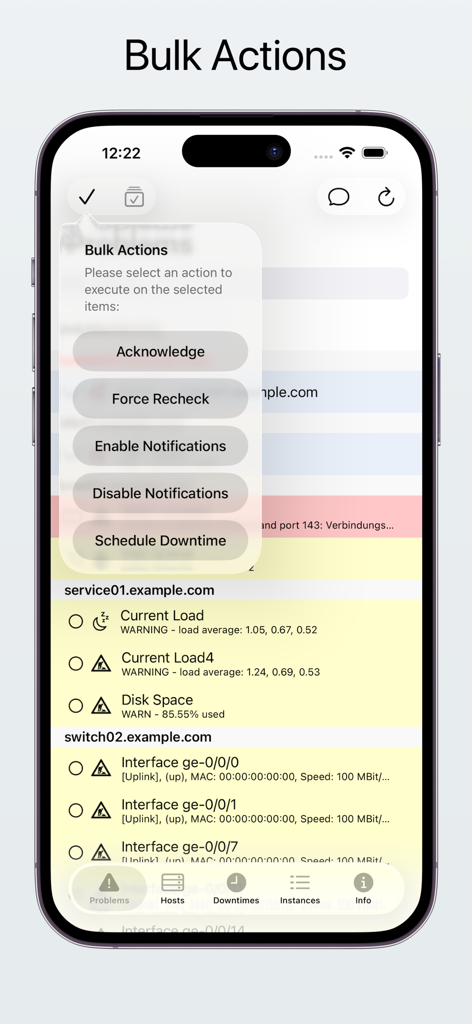 easyNag Monitoring - easyNag Monitoring app interface showing bulk actions menu for acknowledging and managing server alerts
