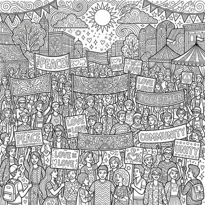 Immerse yourself in a beautifully detailed adult coloring page depicting a joyful gathering, promoting messages of peace, love, and unity. This intricate design offers hours of relaxing and engaging artistic expression for experienced colorists.