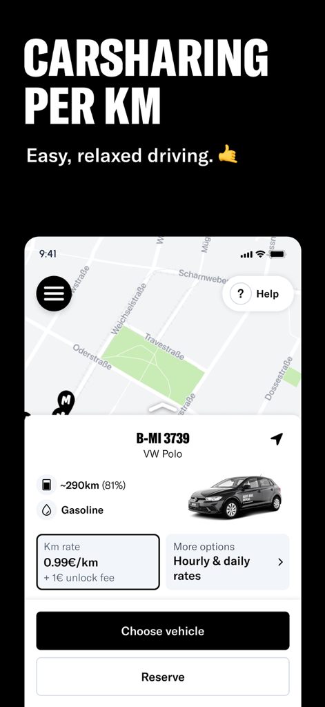MILES car sharing app interface showing vehicle selection and kilometer-based pricing