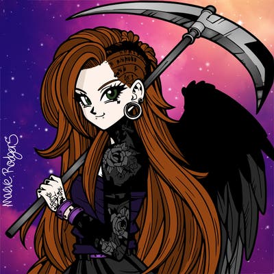 dbz anime punk woman, beautiful long hair covered in tattoos and angel wings holding a scythe in hands