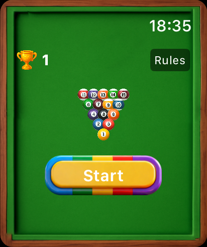 8 Ball Pool for Watch - Start screen of 8 Ball Pool for Watch featuring a rack of billiard balls and a large start button on a green table background