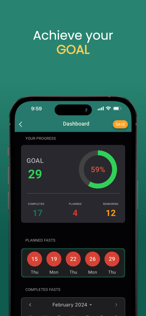 FastTrekker: Ramadan & Prayer - FastTrekker app dashboard displaying a fasting goal progress chart with a 59 percent completion rate.