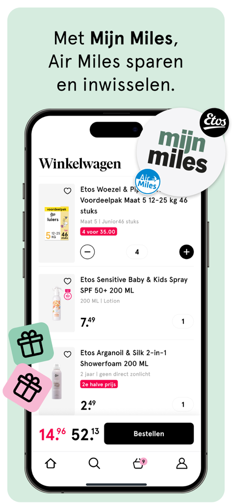 Warenkorb-Bildschirm der Etos-App mit Babyprodukten und Air Miles Treueprämien