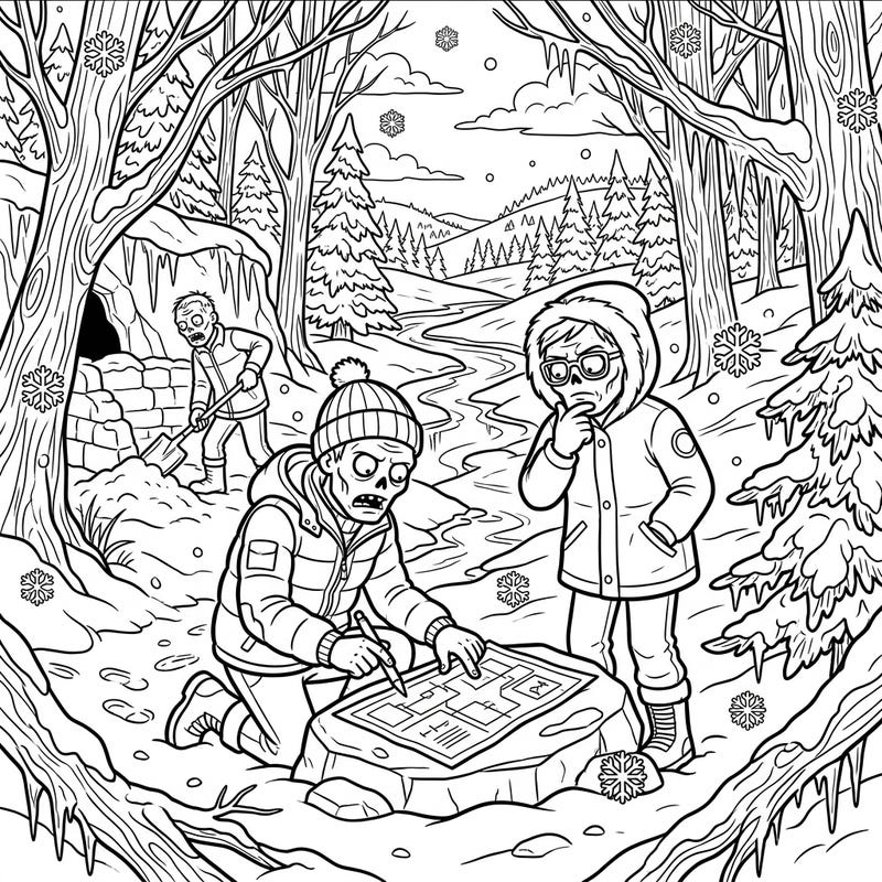 Embark on a thrilling coloring quest with intelligent zombies navigating a frozen landscape. This unique page combines frosty winter scenes with brainy undead action, perfect for a captivating coloring session.