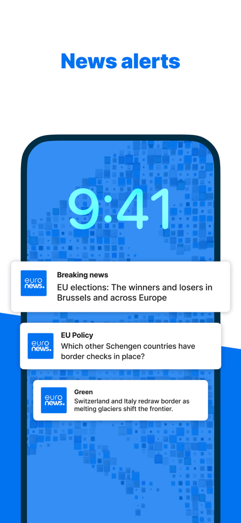 Euronews: World news & live TV - Pantalla de bloqueo de la aplicación Euronews que muestra alertas de noticias de última hora y notificaciones push en un smartphone.