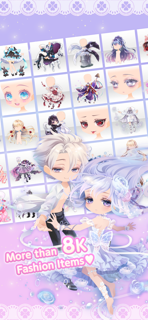 A grid showing various kawaii fashion items and anime avatars in the CocoPPa Play app