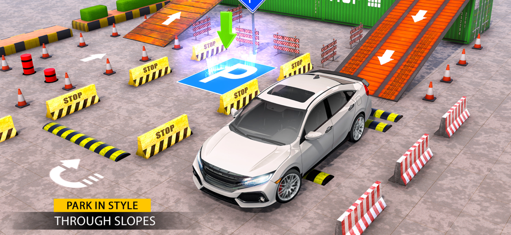 Car Driving School Parking Sim - Un coche blanco navegando por rampas y barreras en un simulador de estacionamiento de autoescuela 3D.