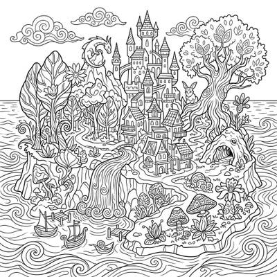 This intricate coloring page invites you to explore a wondrous fictional island, bustling with fantastical architecture and mythical creatures. Bring this detailed landscape to life with your favorite colors and imagination.