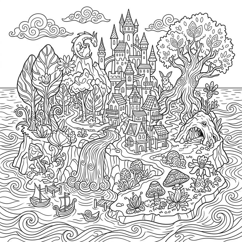 This intricate coloring page invites you to explore a wondrous fictional island, bustling with fantastical architecture and mythical creatures. Bring this detailed landscape to life with your favorite colors and imagination.