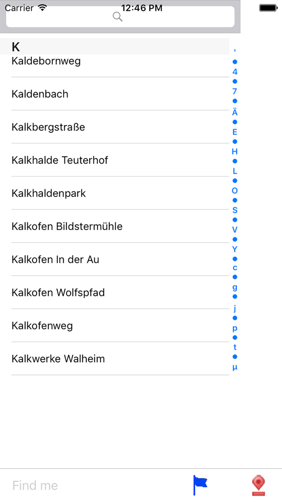 700 City Maps - 700 City Maps 애플리케이션 내의 알파벳순 거리 색인, K로 시작하는 도로 목록 표시
