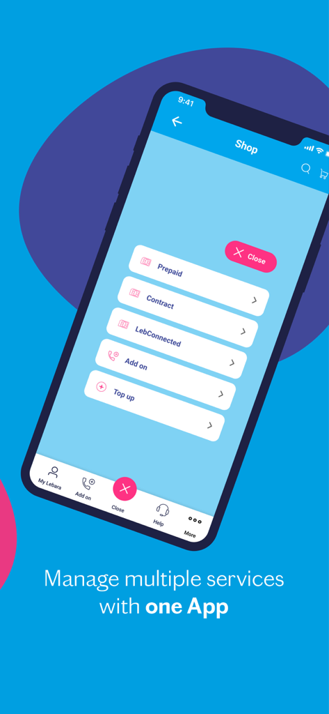 MyLebara app shop interface for managing mobile services and top ups