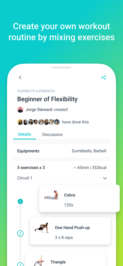 Mobile screen showing how to create a custom flexibility workout routine in the Rovo app with social features