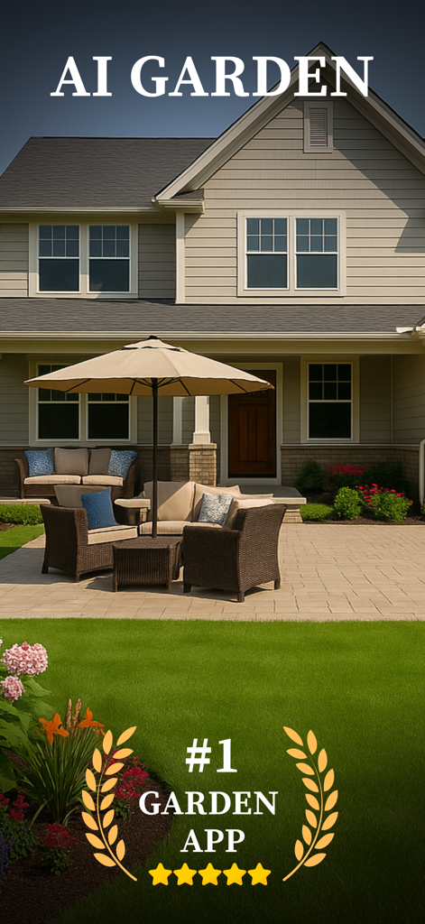 AI Garden Design - Planner - AI Garden Design app preview showing a suburban house with a furnished stone patio and lush green lawn