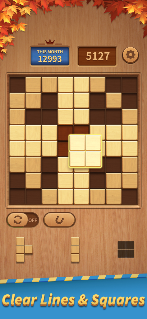 Eine Holzblock-Puzzle-Oberfläche, auf der Spieler quadratische Formen auf einem 8x8-Raster anordnen, um Linien zu löschen.