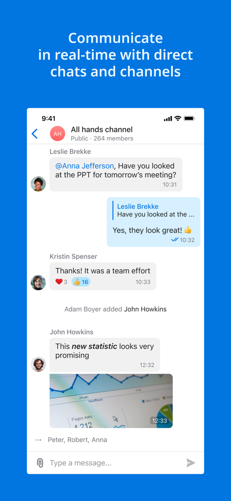 Intermedia Unite - Une capture d'écran de l'application mobile Intermedia Unite montrant le chat d'équipe en temps réel et la communication de canaux professionnels