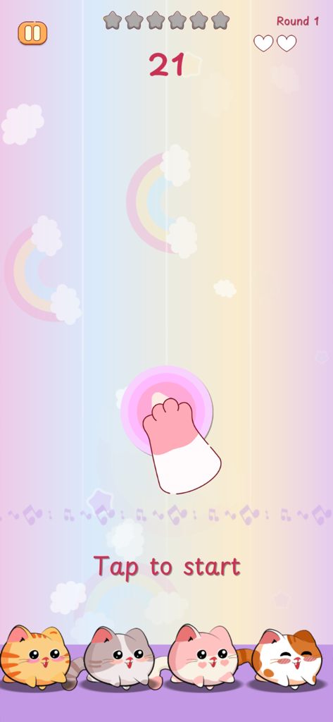 Cats Tiles - 可愛いカートゥーン猫と「タップして開始」のプロンプトが表示されたキャッツタイルのゲームプレイ開始画面。