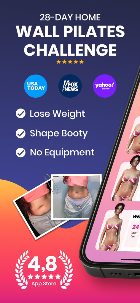 Wall Pilates: Fit Weight Loss - Wall Pilates app promotional screen highlighting a 28-day home fitness challenge for weight loss and body shaping