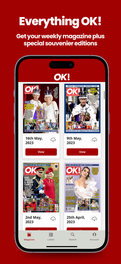 Interface der OK!-Magazin-App mit einer Bibliothek wöchentlicher Ausgaben und Sonderheften, einschließlich Covern der Königsfamilie.