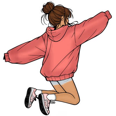 realistic girl jumping with a bun and oversized sweatshirt